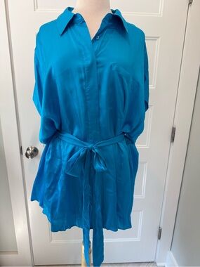 Lane Bryant No Peek Collection Short Sleeve Belted Vibrant Blue Blouse Plus